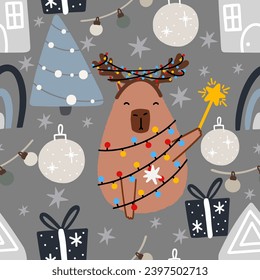 Capybara in a garland seamless pattern. Cute New Year background for fabric, wrapping paper, textile vector illustration