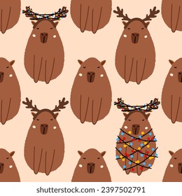 Capybara in a garland seamless pattern. Cute New Year background for fabric, wrapping paper, textile vector illustration