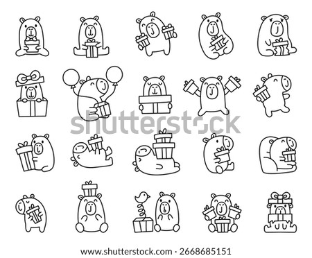 Capybara gift kawaii character set featuring adorable smiling animals sitting or standing while holding presents and balloons perfect for party design decoration
