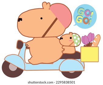 Capybara go to travel on holiday with her baby Capybara cute cartoon style for clip art or logo.