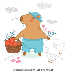 capybara and goose, bird, cute capybara, love, animal friendship