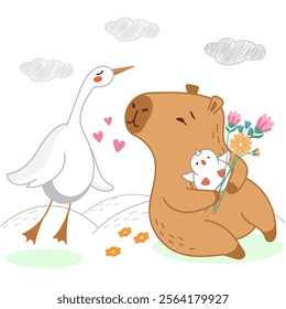 capybara and goose, bird, cute capybara, love, animal friendship