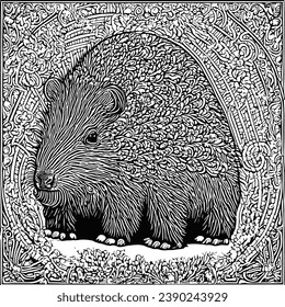 Capybara graphic art, black and white illustration of largest South American rodent.