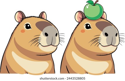 capybara with a green apple on her head