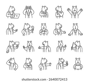 Capybara guide character set with animal features demonstrate communication, direction, teaching, thinking, celebration, and various emotional reactions for yours illustration