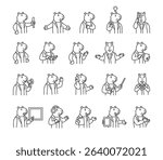 Capybara guide character set with hands, books, signs, boards, devices, emotions, communication, presentation, teaching, reading, message, symbols, approval, music, and expressive poses