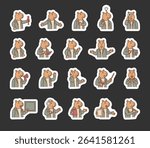 Capybara guide character set with hands, books, signs, boards, devices, emotions, communication, presentation, teaching, reading, message, symbols, approval, music, and expressive poses