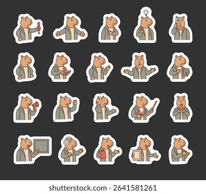 Capybara guide character set with hands, books, signs, boards, devices, emotions, communication, presentation, teaching, reading, message, symbols, approval, music, and expressive poses