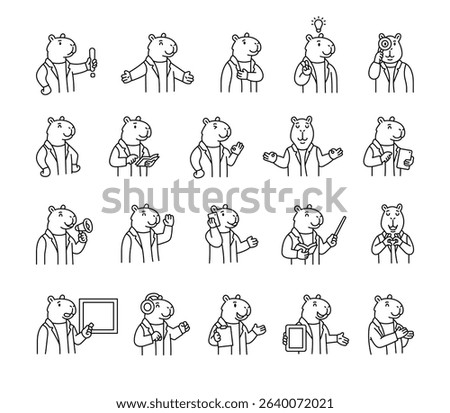 Capybara guide character set with hands, books, signs, boards, devices, emotions, communication, presentation, teaching, reading, message, symbols, approval, music, and expressive poses