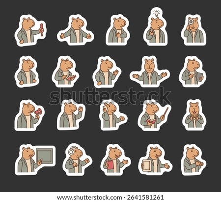 Capybara guide character set with hands, books, signs, boards, devices, emotions, communication, presentation, teaching, reading, message, symbols, approval, music, and expressive poses