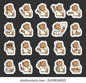 Capybara guide character set with many different poses showing gestures explaining teaching, talking, pointing, reading, thinking, perfect for your illustration and creative educational projects