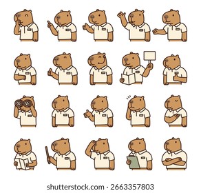 Capybara guide character set with many different poses showing gestures explaining teaching, talking, pointing, reading, thinking, perfect for your illustration and creative educational projects