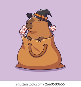 Capybara in einer Halloween-Tasche mit Süßigkeiten. Vektorgrafik