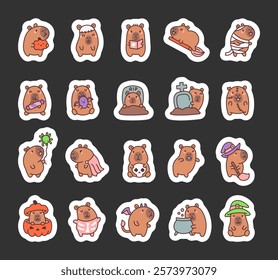 Capybara halloween kawaii cartoon character set with adorable spooky designs featuring pumpkins, skeleton, candy, witch hat, vampire, dragon, cauldrons, and festive decorations.