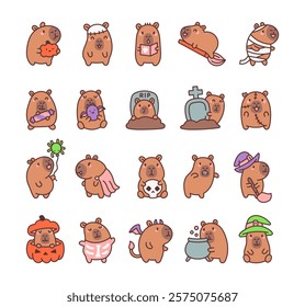 Capybara halloween kawaii cartoon character set with adorable spooky designs featuring pumpkins, skeleton, candy, witch hat, vampire, dragon, cauldrons, and festive decorations.