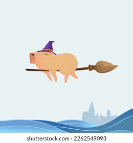 Capybara Halloween, Lazy capybara riding flying broom above water