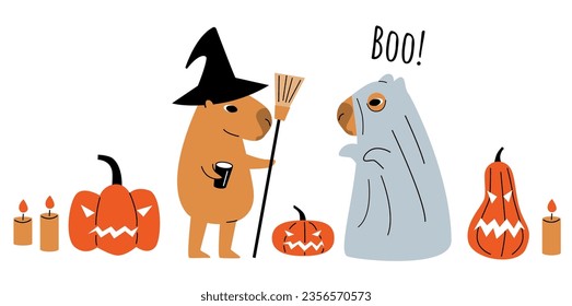 Capybara halloween party cartoon illustration. Capybaras dressed as witch and ghost. Cute animals with halloween pumpkins.