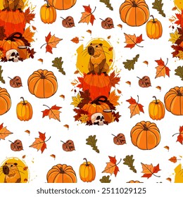 Capybara Halloween pattern illustration. Pumpkin pattern for Halloween design. Vector illustration as a blank for a designer, logo