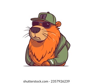 Capybara hamster hipster flat cartoon isolated on white background. Vector illustration