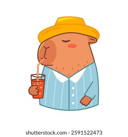 Capybara in hat drink juice. Cute summer capybara. Flat vector illustration isolated on white background.