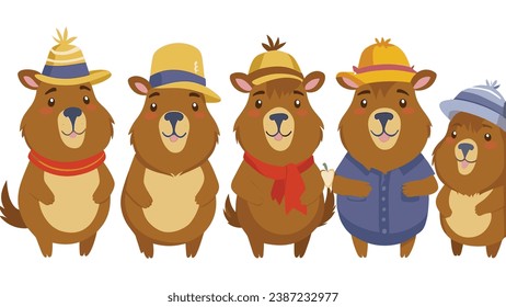 Capybara in a hat, a lovable and happy little character.