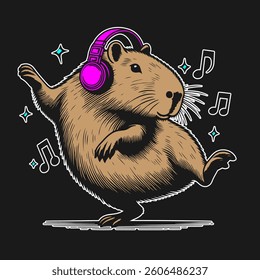 Capybara in headphones dancing, color flat vector illustration on transparent background.