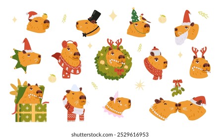 Capybara heads in Christmas outfit and decorations flat vector illustrations set isolated on white. Capybaras in scarfs, deer antlers, wreath, gift box, Santa hat, kissing under mistletoe.