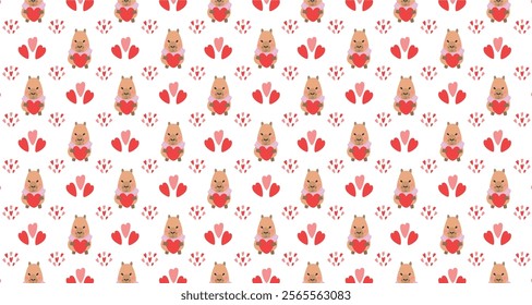 Capybara with heart seamless pattern. Wrapping, packaging in flat style. Red and pink. Suitable for gift wrap or greeting card for Valentines day.