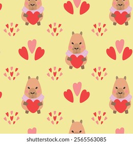 Capybara with heart seamless pattern. Wrapping, packaging in flat style. Red and pink. Suitable for gift wrap or greeting card for Valentines day.