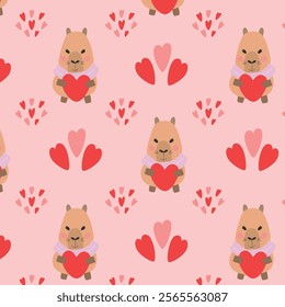 Capybara with heart seamless pattern. Wrapping, packaging in flat style. Red and pink. Suitable for gift wrap or greeting card for Valentines day.