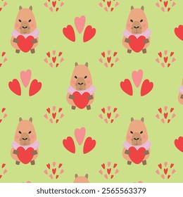 Capybara with heart seamless pattern. Wrapping, packaging in flat style. Suitable for gift wrap or greeting card for Valentines day.