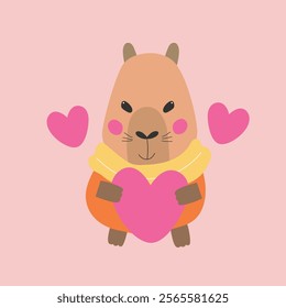 Capybara with heart vector illustration for Valentines day.