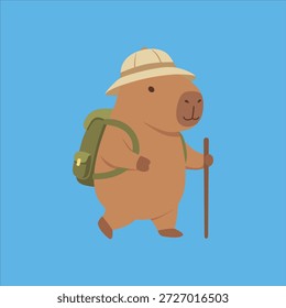 Capybara wandert mit Hut und Rucksack mit Stock