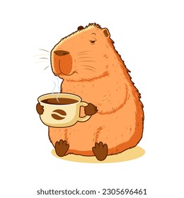 Capybara is holding a cup of coffee. Isolated on a white background. Vector stock illustration.