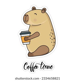 El capibara está sosteniendo una taza de café. Aislado sobre un fondo blanco. Ilustración de la pegatina del vector.
