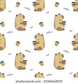 Capybara is holding a cup of coffee or tea. Seamless funny pattern