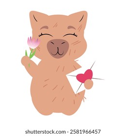 Capybara holding a flower and a love letter with a heart. Perfect for romantic greetings, Valentine's Day, Women's Day, love-themed decorations and cute animal illustrations