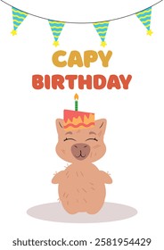 Capybara holding flowers with a festive birthday banner. Cute and joyful greeting card design for birthday celebrations, invitations, and digital prints. Perfect for gift wrapping, party decorations