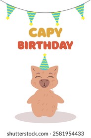 Capybara holding flowers with a festive birthday banner. Cute and joyful greeting card design for birthday celebrations, invitations, and digital prints. Perfect for gift wrapping, party decorations