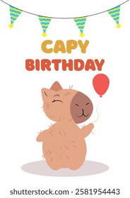 Capybara holding flowers with a festive birthday banner. Cute and joyful greeting card design for birthday celebrations, invitations, and digital prints. Perfect for gift wrapping, party decorations