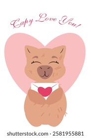 capybara holding a love letter with a heart background. Perfect for Valentine's Day, romantic greetings, anniversary cards, and heartfelt messages. Ideal for digital prints, stickers