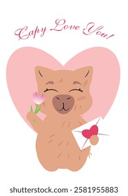 capybara holding a love letter with a heart background. Perfect for Valentine's Day, romantic greetings, anniversary cards, and heartfelt messages. Ideal for digital prints, stickers