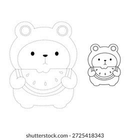 Capybara sosteniendo una rebanada de sandía para colorear para niños. Trazo y Color Capybara sosteniendo una rodaja de sandía. Una linda ilustración de un capibara sosteniendo una rebanada de Vector de sandía. Capybara sensación de verano acogedor. Página para colorear simple y acogedor. 