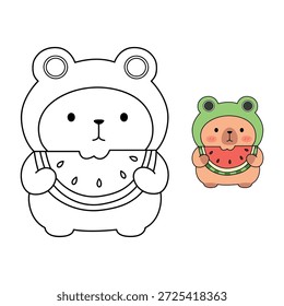 Capybara mit einer Scheibe Wassermelone Malvorlage für Kinder. Spur und Farbe Capybara mit einem Stück Wassermelone. Eine süße Illustration einer Capybara, die ein Stück Wassermelonenvektor hält. Capybara ein gemütliches Sommergefühl. Einfache und gemütliche Malvorlage. 