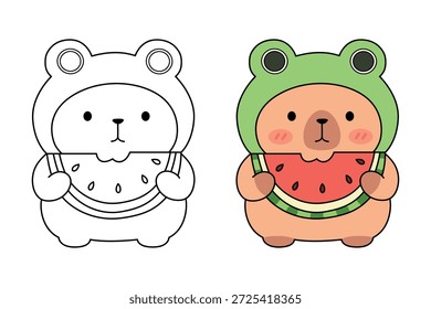 Capybara sosteniendo una rebanada de sandía para colorear para niños. Trazo y Color Capybara sosteniendo una rodaja de sandía. Una linda ilustración de un capibara sosteniendo una rebanada de Vector de sandía. Capybara sensación de verano acogedor. Página para colorear simple y acogedor. 