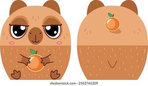 A capybara holds a tangerine in its paws. Vector kawaii illustration character in cartoon style. Ideal for animals print design, sticker, decoration, patches, wall art, for fabric, packaging, pins.