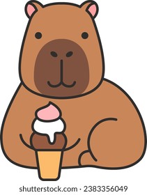 capibara y helado. Personaje de dibujos animados. Ilustración vectorial.