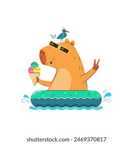 Capybara with ice cream on a swimming ring donut.Summer holiday or vacation at sea.Vector stock illustration.