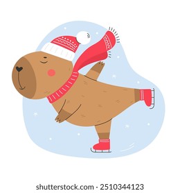 Capybara ice skating vector illustration