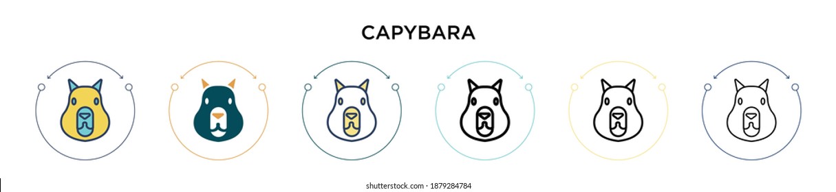 Capybara icon in filled, thin line, outline and stroke style. Vector illustration of two colored and black capybara vector icons designs can be used for mobile, ui, web